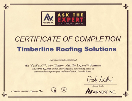 Timberline Roofing Solutions successfully completed Air Vent's Attic Ventilation: Ask the Expert Seminar